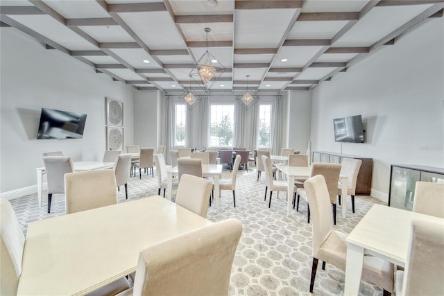 dining area featuring beamed ceiling and coffered ceiling