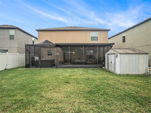 rear view of property featuring a storage shed, a hot tub, a sunroom, and a lawn