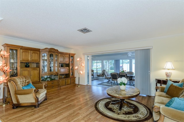 living room with light wood-type flooring, a textured ceiling, and crown molding