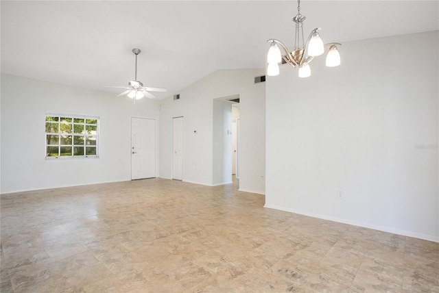 unfurnished room featuring ceiling fan with notable chandelier and vaulted ceiling