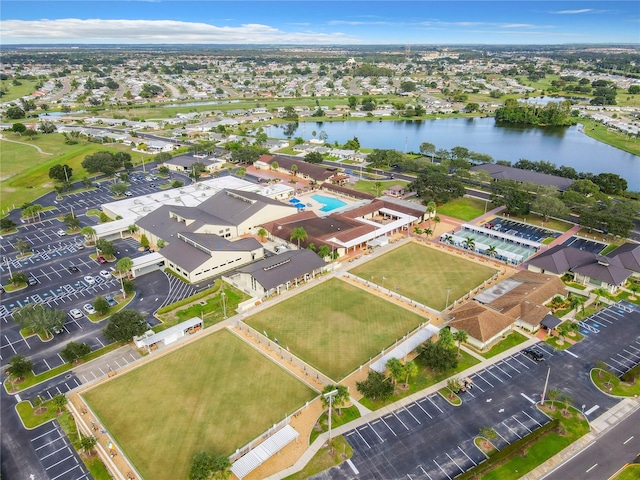 drone / aerial view with a water view