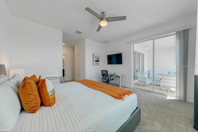 carpeted bedroom featuring access to exterior and ceiling fan