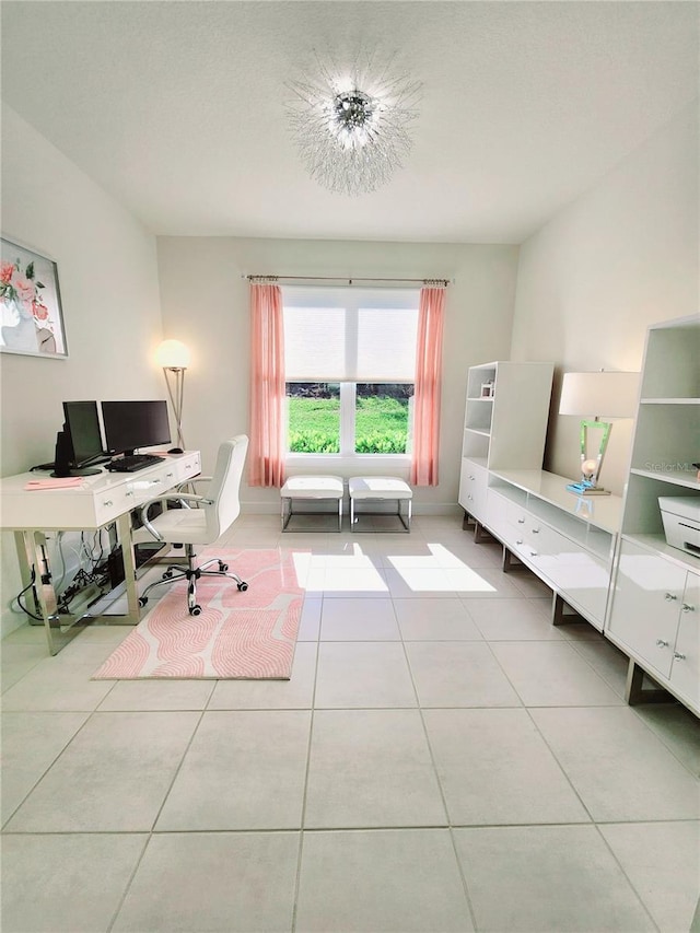 home office with light tile patterned floors