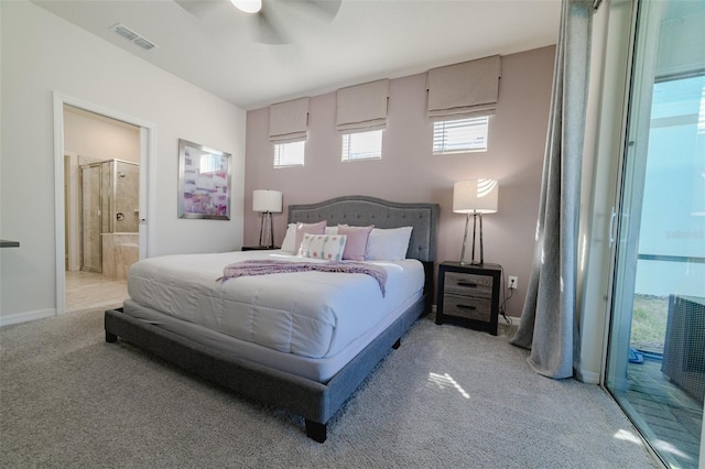 bedroom with access to exterior, light carpet, ensuite bathroom, and ceiling fan