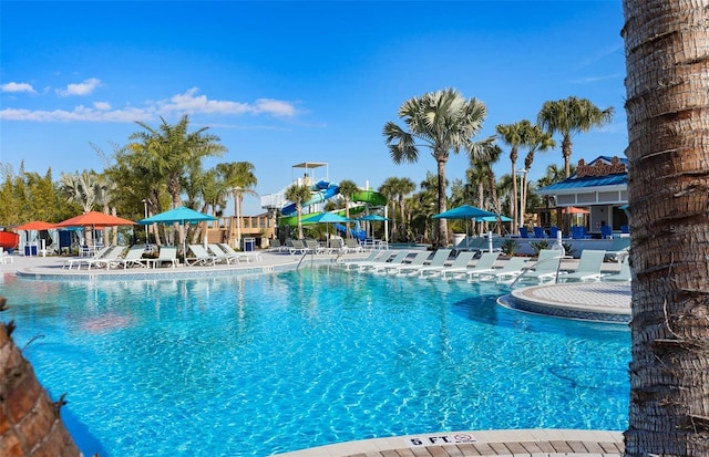 view of swimming pool with a patio