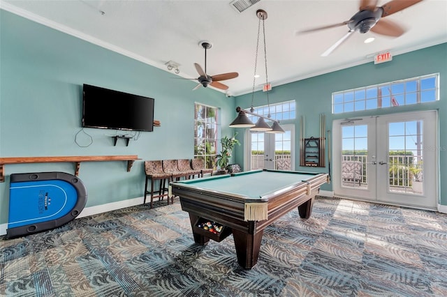 playroom featuring ornamental molding, pool table, and french doors