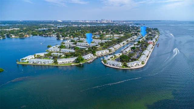 aerial view featuring a water view