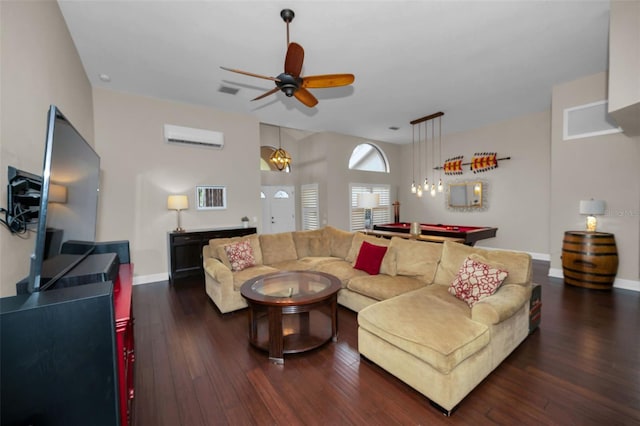 living room featuring pool table, dark wood-type flooring, a wall unit AC, and ceiling fan