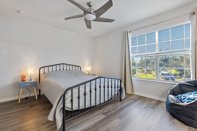 bedroom featuring ceiling fan and dark hardwood / wood-style flooring