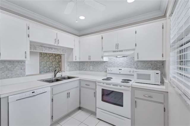 kitchen with white cabinetry, crown molding, white appliances, and sink