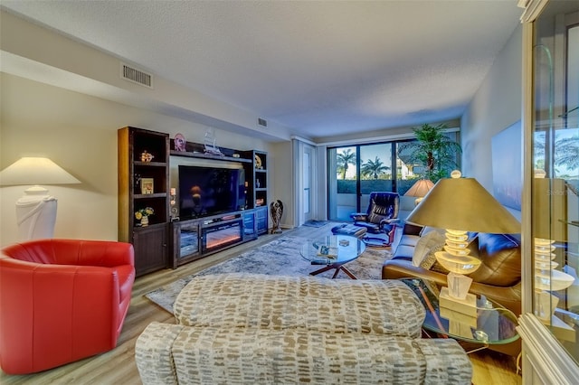 living room with light wood-type flooring and a textured ceiling