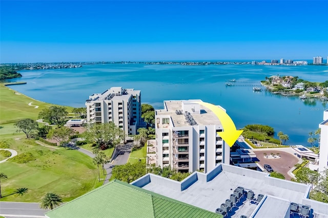 birds eye view of property featuring a water view