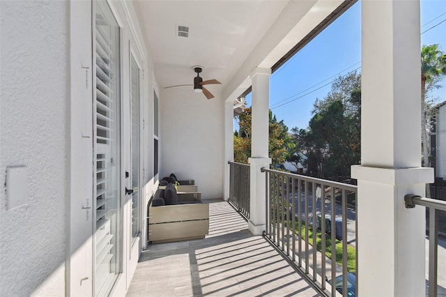 balcony featuring ceiling fan