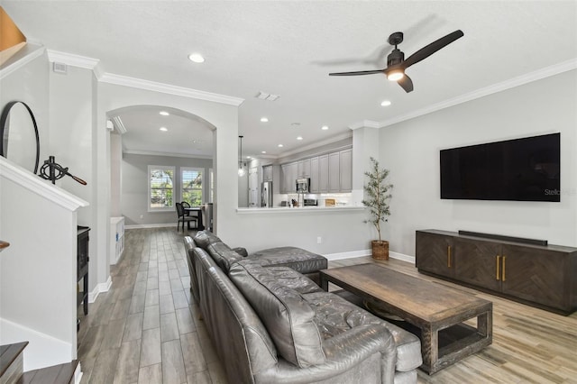 living room with ceiling fan, light wood-type flooring, and crown molding