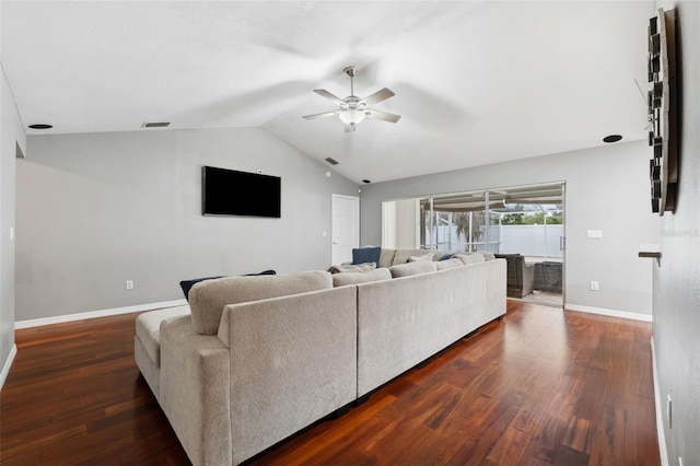 living room with vaulted ceiling, ceiling fan, and dark hardwood / wood-style floors