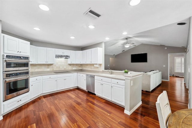 kitchen featuring tasteful backsplash, kitchen peninsula, white cabinets, and stainless steel appliances