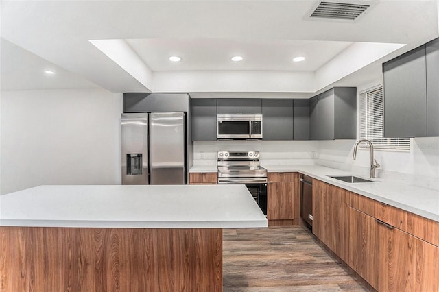 kitchen featuring a tray ceiling, sink, dark wood-type flooring, and appliances with stainless steel finishes