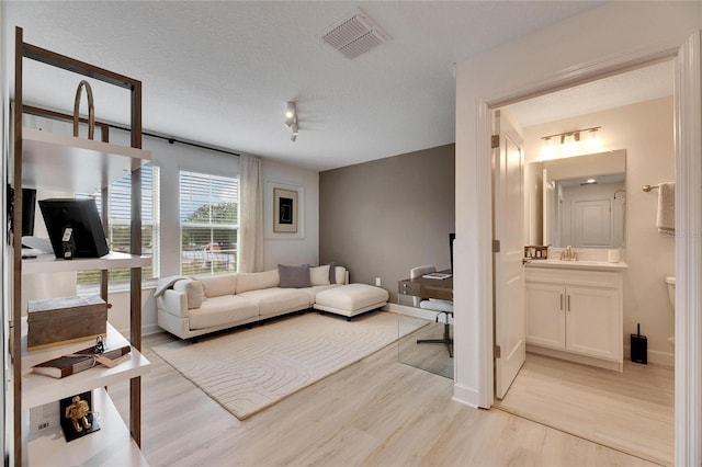 living room featuring light hardwood / wood-style flooring, rail lighting, a textured ceiling, and sink