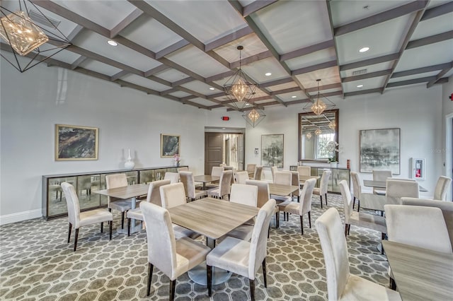 dining space featuring carpet floors, beamed ceiling, and coffered ceiling