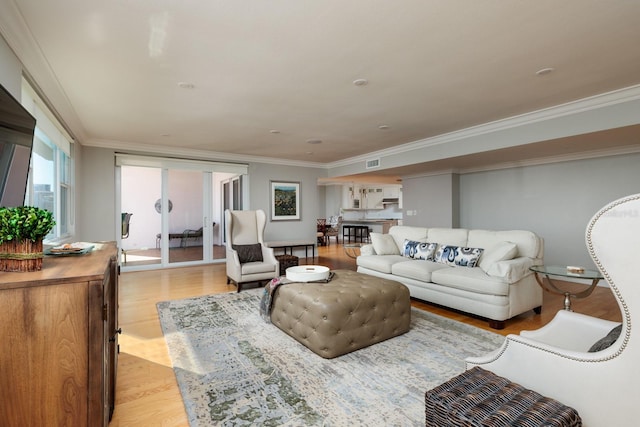 living room with light wood-type flooring and crown molding