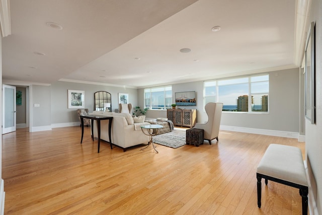 living room with light hardwood / wood-style floors and crown molding