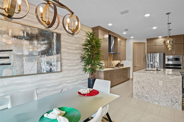 17702 Cresswind Ter, Bradenton, FL 34211 - dining room with recessed lighting, light tile patterned floors, a chandelier, and tile walls