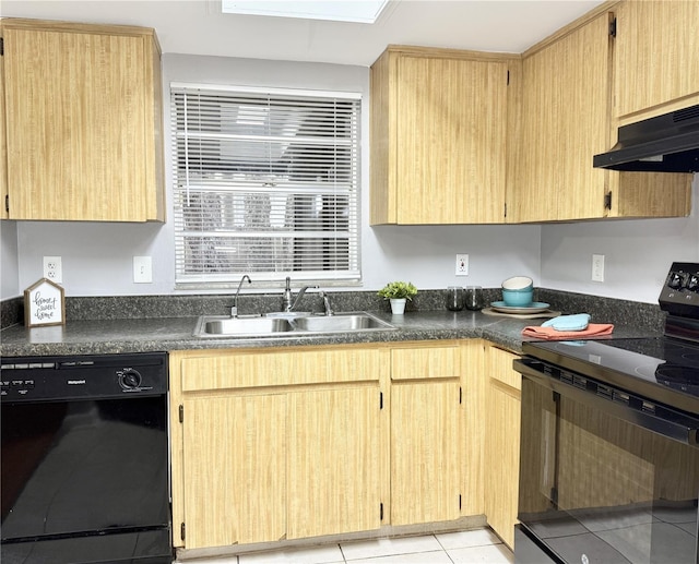 kitchen featuring light brown cabinetry, sink, black appliances, and ventilation hood