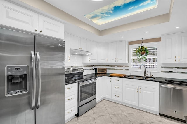 kitchen with sink, white cabinetry, a tray ceiling, and stainless steel appliances