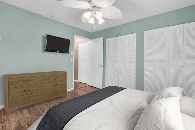 bedroom with ceiling fan, two closets, and wood-type flooring