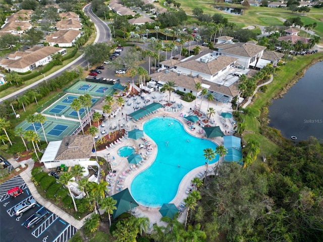 aerial view featuring a water view