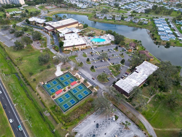 drone / aerial view with a water view