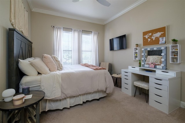 bedroom featuring ceiling fan, light carpet, and ornamental molding