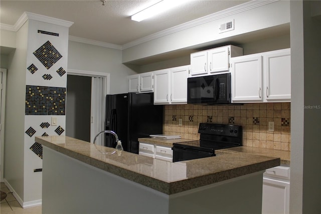 kitchen with kitchen peninsula, tasteful backsplash, sink, black appliances, and white cabinets