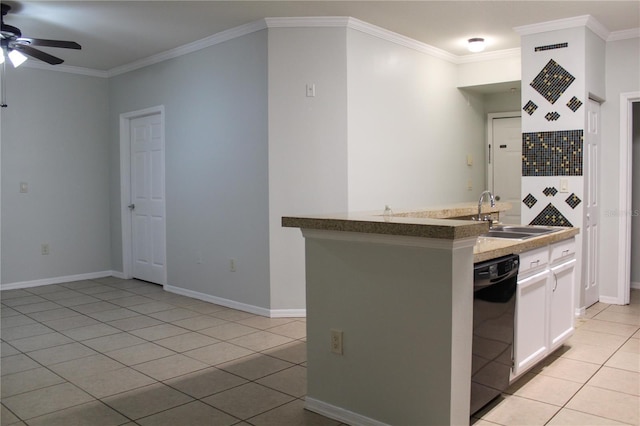 kitchen featuring dishwasher, sink, kitchen peninsula, light tile patterned flooring, and white cabinetry