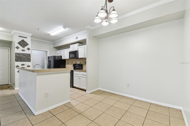 5606 Pinnacle Heights Cir Unit 304, Tampa, FL 33624 - kitchen with black appliances, ornamental molding, light tile patterned flooring, decorative backsplash, and white cabinets