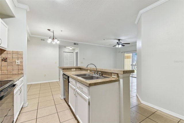5606 Pinnacle Heights Cir Unit 304, Tampa, FL 33624 - kitchen with a sink, black appliances, light tile patterned floors, decorative backsplash, and ornamental molding