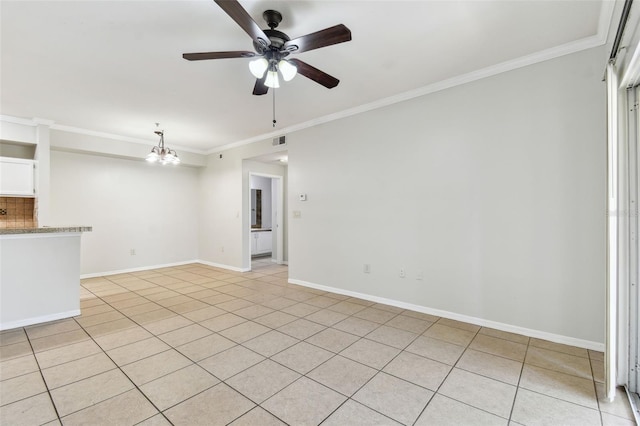 5606 Pinnacle Heights Cir Unit 304, Tampa, FL 33624 - unfurnished living room with crown molding, a ceiling fan, light tile patterned floors, a chandelier, and baseboards