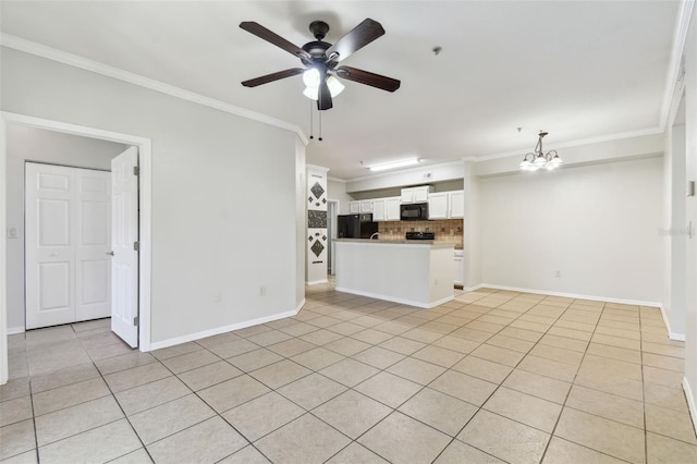 5606 Pinnacle Heights Cir Unit 304, Tampa, FL 33624 - unfurnished living room featuring crown molding, a chandelier, a ceiling fan, light tile patterned flooring, and baseboards