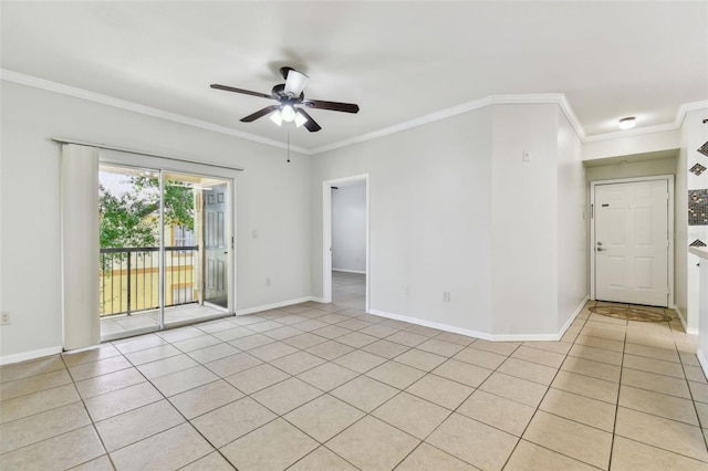 5606 Pinnacle Heights Cir Unit 304, Tampa, FL 33624 - empty room with crown molding, ceiling fan, light tile patterned floors, and baseboards