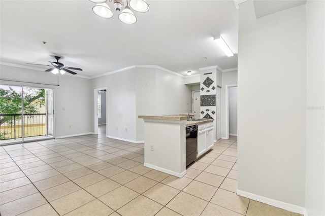5606 Pinnacle Heights Cir Unit 304, Tampa, FL 33624 - kitchen featuring dishwasher, light tile patterned flooring, crown molding, white cabinetry, and light countertops
