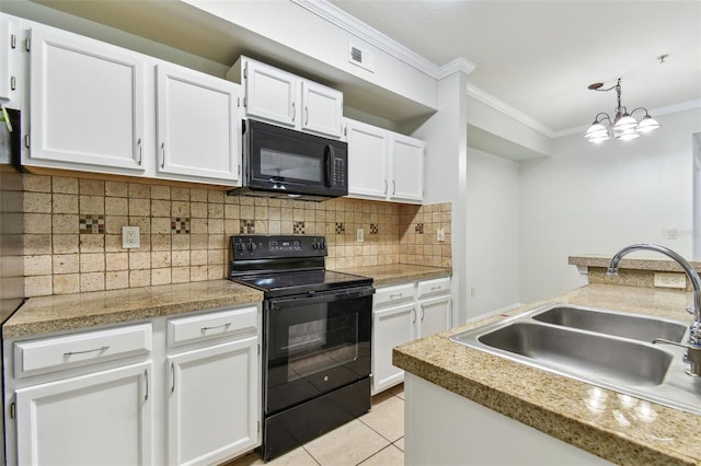 5606 Pinnacle Heights Cir Unit 304, Tampa, FL 33624 - kitchen featuring black appliances, a sink, ornamental molding, light tile patterned flooring, and white cabinets