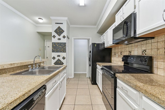 5606 Pinnacle Heights Cir Unit 304, Tampa, FL 33624 - kitchen with black appliances, a sink, crown molding, white cabinetry, and backsplash