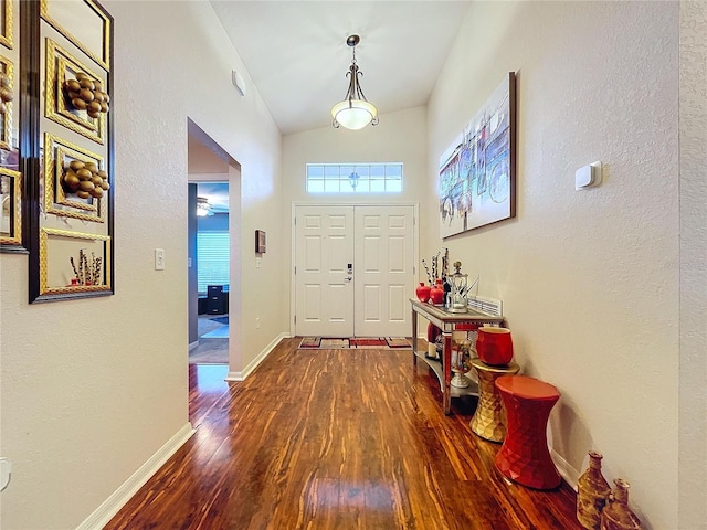 foyer entrance featuring wood-type flooring and lofted ceiling