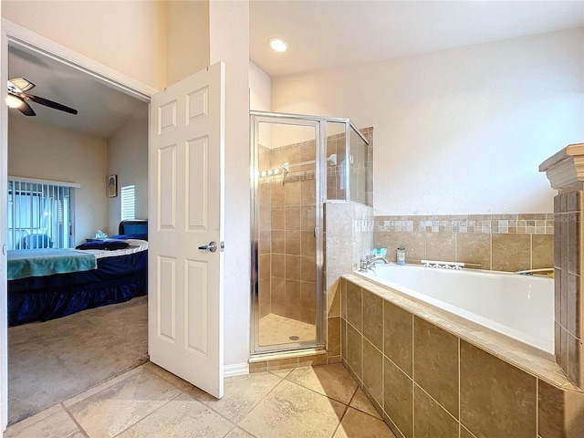 bathroom featuring shower with separate bathtub, tile patterned floors, and ceiling fan