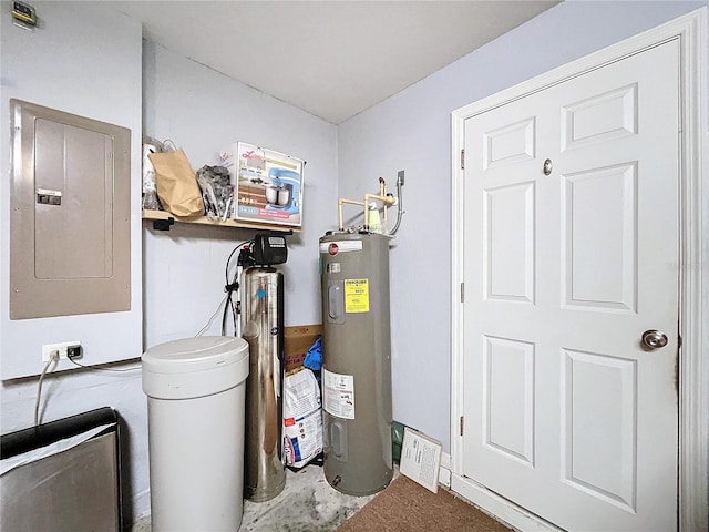 utility room featuring electric panel and water heater