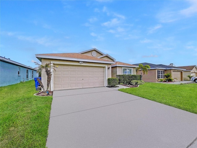 single story home featuring a garage and a front yard