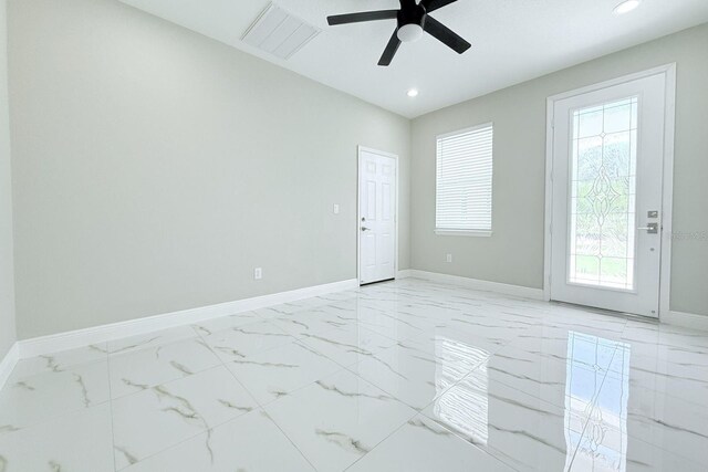 408 E Hanlon St, Tampa, FL 33604 - spare room featuring recessed lighting, baseboards, marble finish floor, visible vents, and a ceiling fan