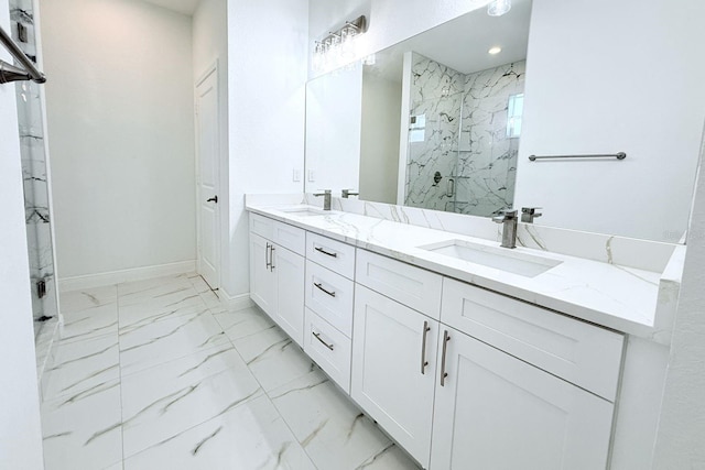 408 E Hanlon St, Tampa, FL 33604 - bathroom with marble finish floor, baseboards, a sink, and a marble finish shower