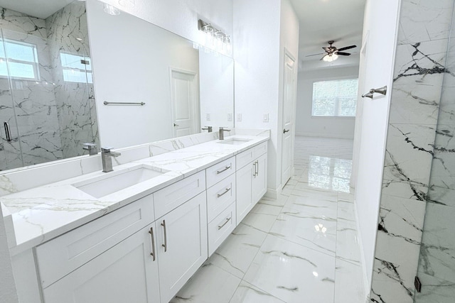 408 E Hanlon St, Tampa, FL 33604 - full bathroom with marble finish floor, ceiling fan, a sink, and a marble finish shower