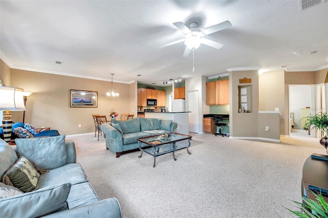 living room with light colored carpet, ceiling fan with notable chandelier, and ornamental molding